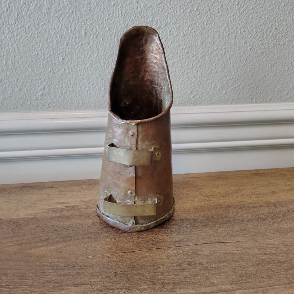 Vtg Hand Forged Copper Scoop Vessel  Riveted Rustic Primitive Decor Handmade 8”